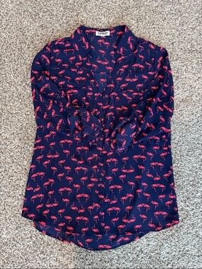 Express Portofino Shirt Navy Button-Down Blouse with Pink Flamingo Print